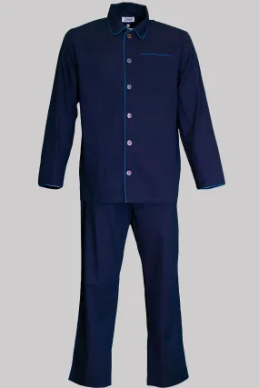 PYJAMA NAVY with blue piping 100% COTTON Herringbone-light fabric-dyed