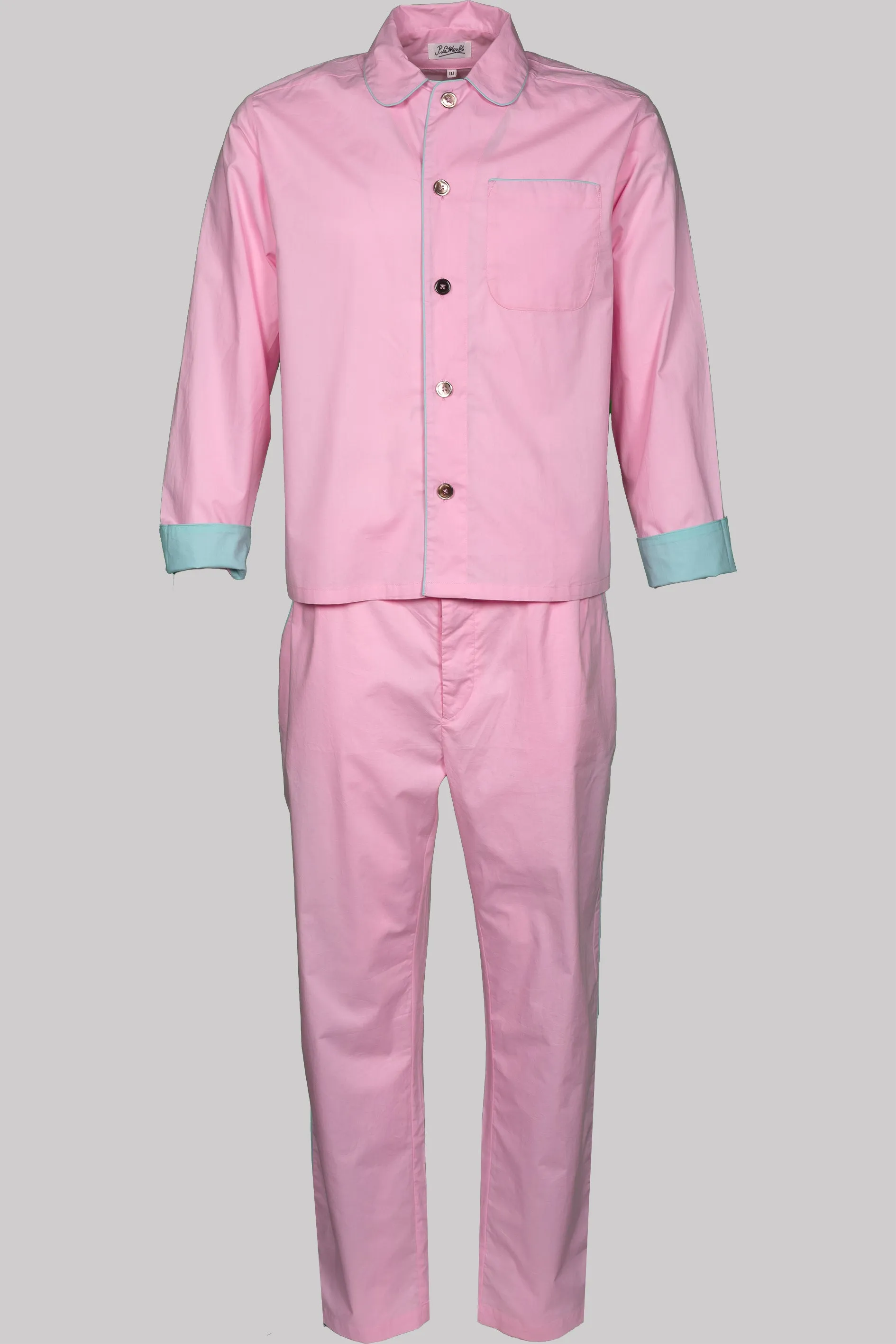 PYJAMA PINK with aqua piping 100% COTTON Popeline fabric-dyed