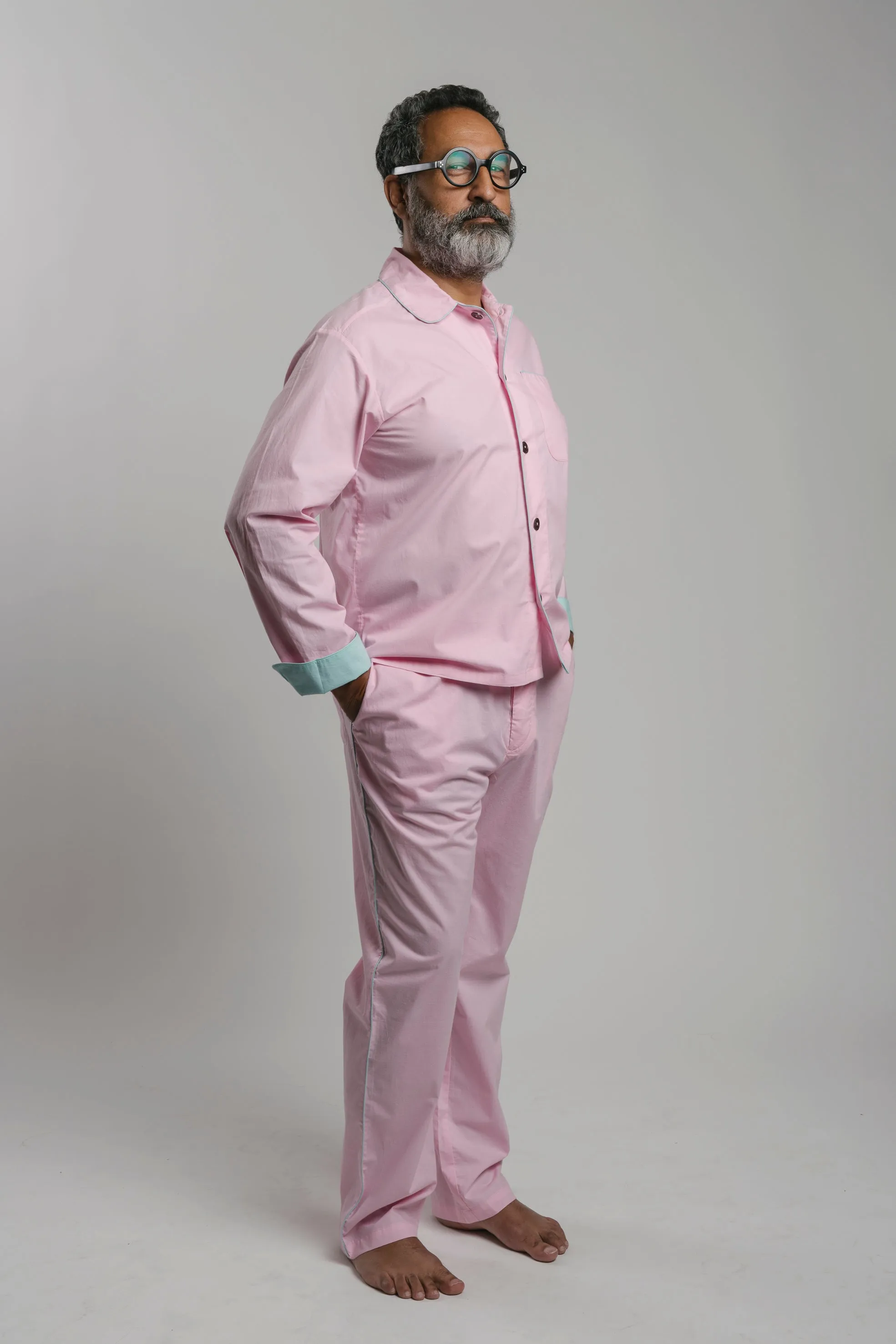 PYJAMA PINK with aqua piping 100% COTTON Popeline fabric-dyed