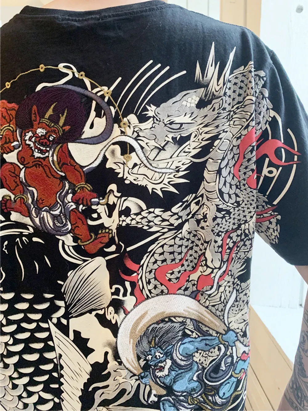 Raijin and Fujin embroidery T-Shirt (Black)