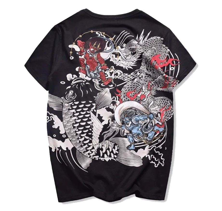 Raijin and Fujin embroidery T-Shirt (Black)