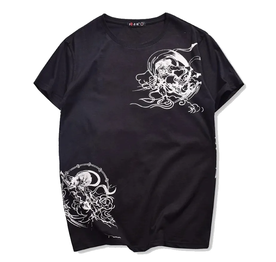 Raijin and Fujin embroidery T-Shirt (Black)