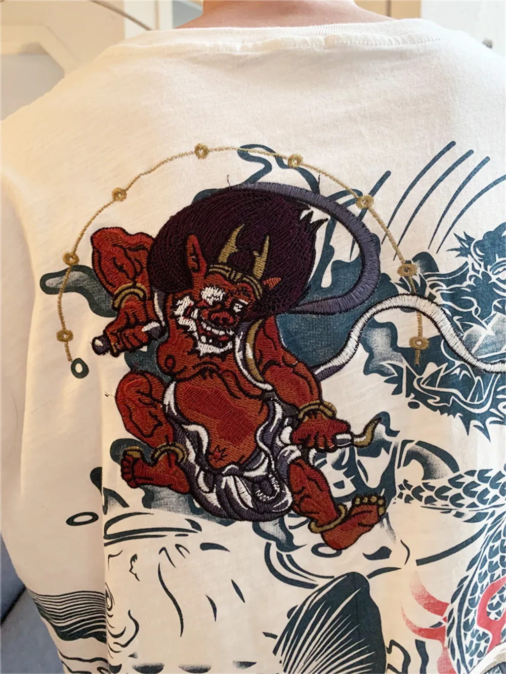 Raijin and Fujin embroidery T-Shirt (White)