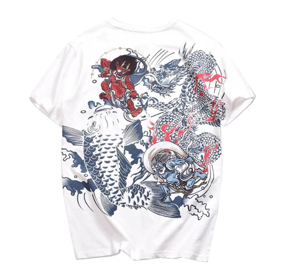 Raijin and Fujin embroidery T-Shirt (White)