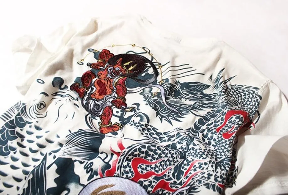 Raijin and Fujin embroidery T-Shirt (White)