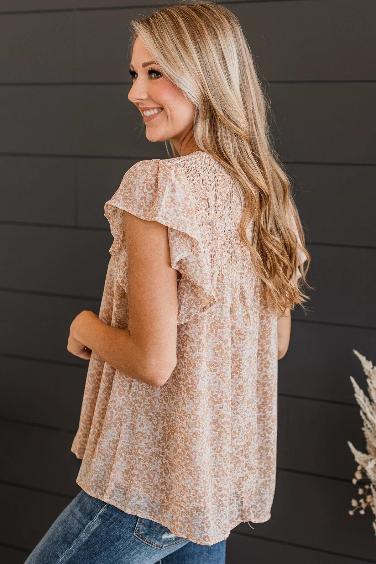 Sign Me Up Smocked Blouse- Caramel & Pink