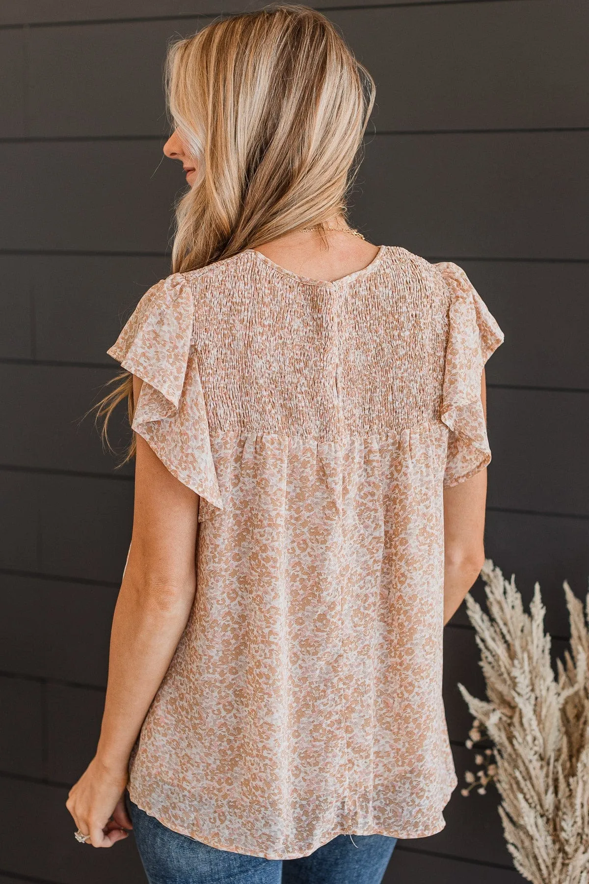 Sign Me Up Smocked Blouse- Caramel & Pink