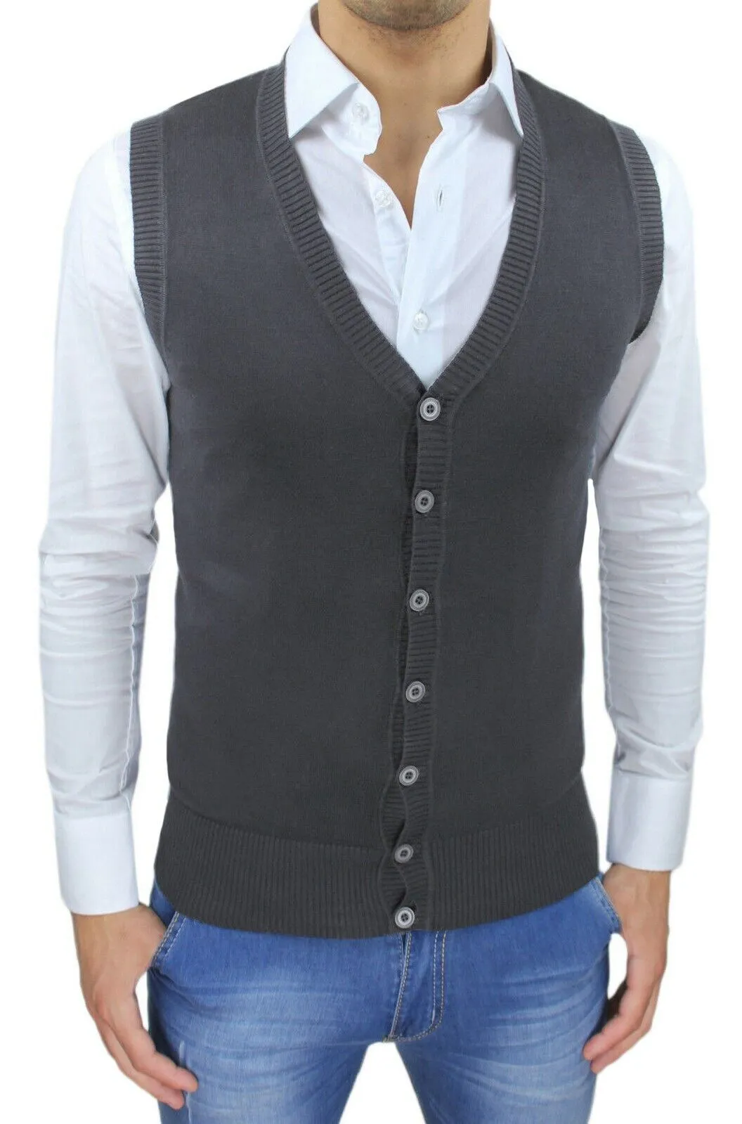 Smanicato gilet uomo grigio scuro slim fit aderente casual maglia a cardigan