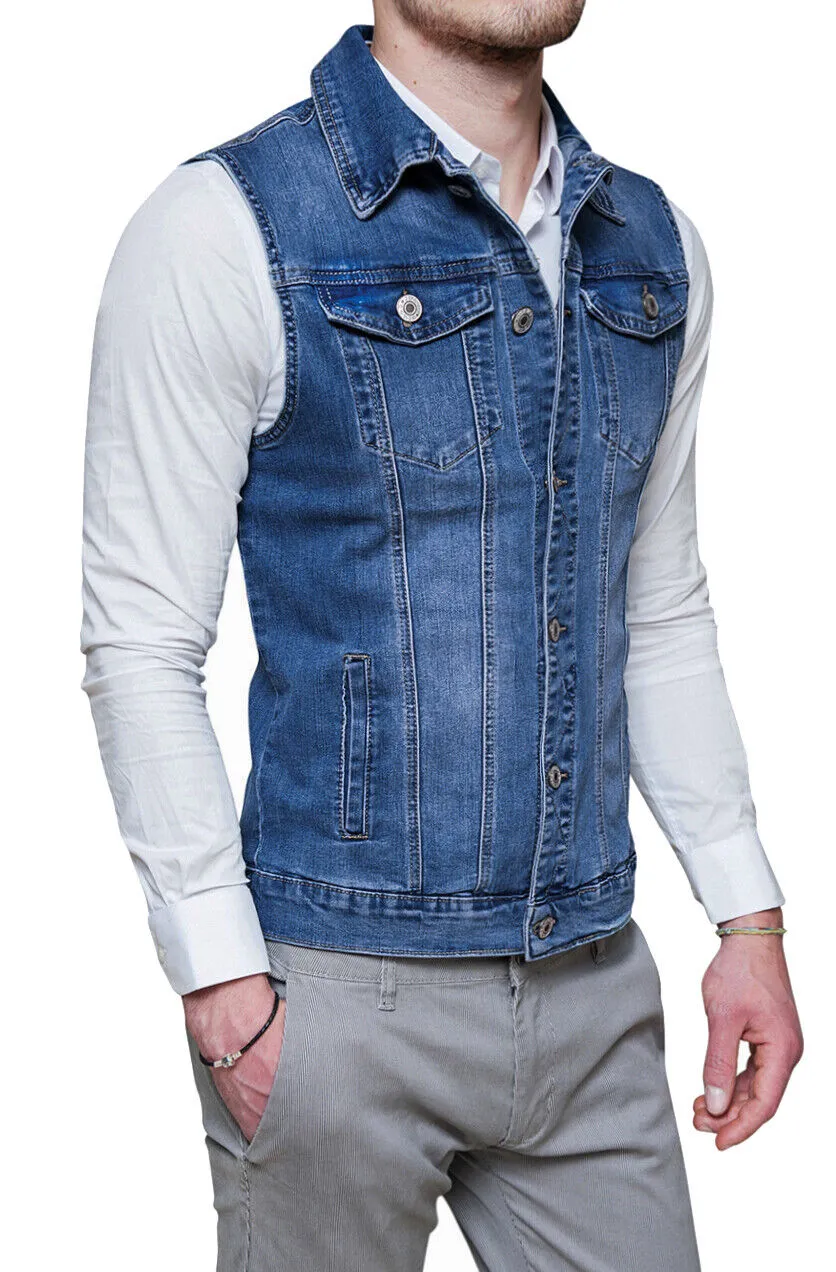 Smanicato giubbotto Jeans uomo blu cotone denim casual gilet cardigan slim fit