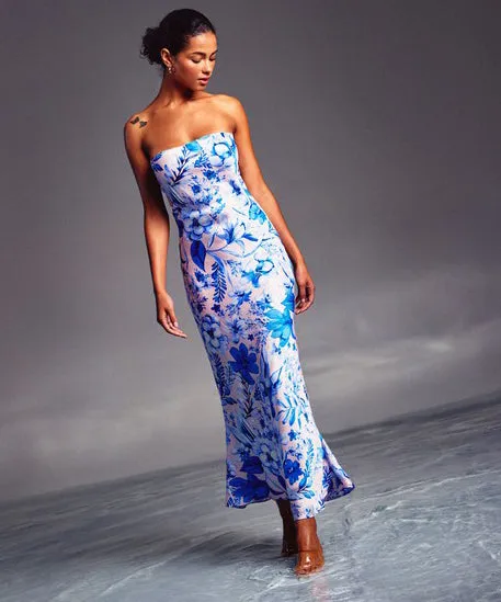 Strapless Floral Satin Maxi Dress - Blue Ivy