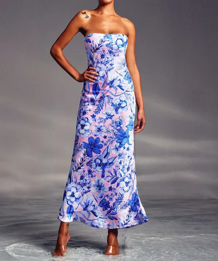 Strapless Floral Satin Maxi Dress - Blue Ivy