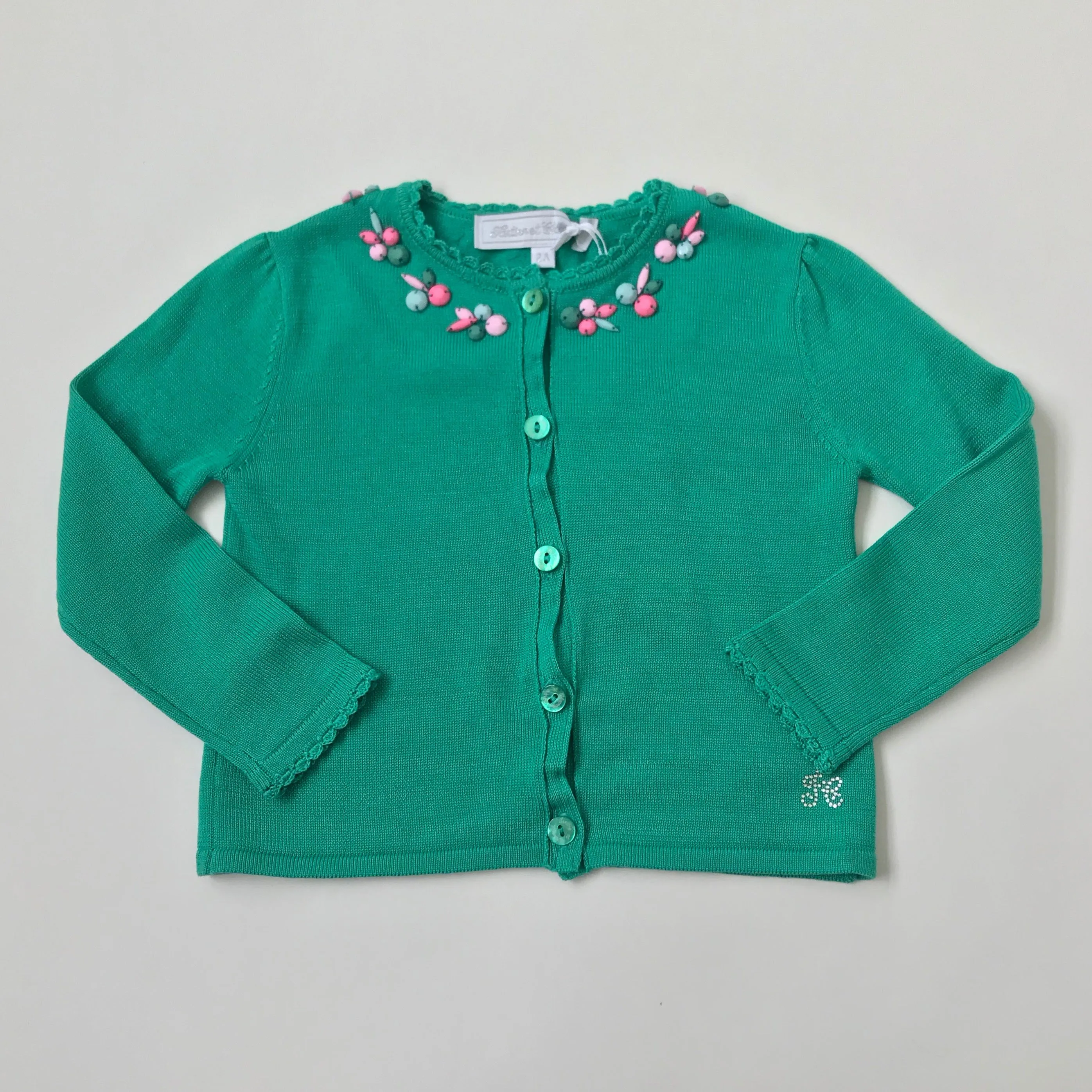 Tartine et Chocolat Green Cardigan With Bead Embellishment: 2 Years (Brand New)