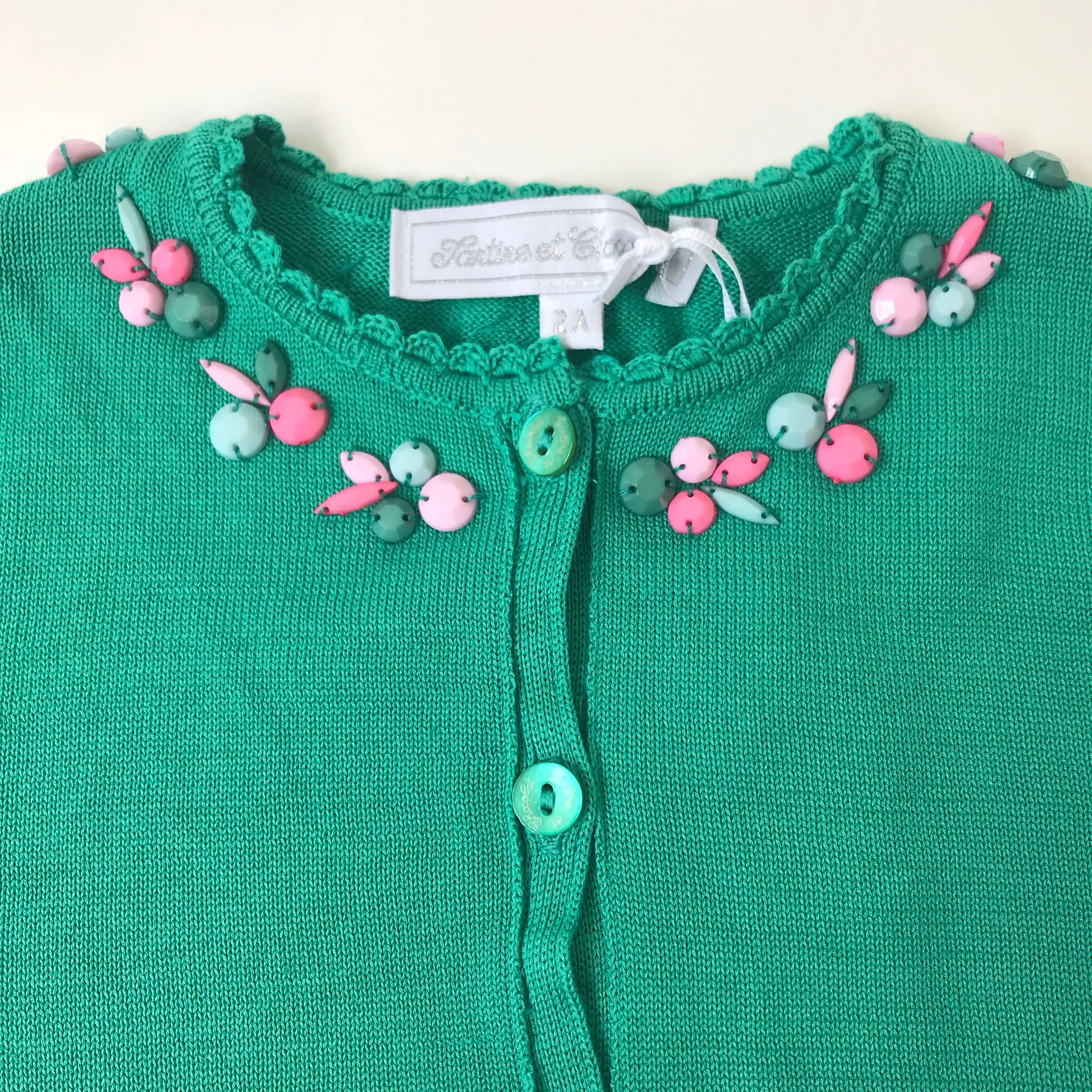 Tartine et Chocolat Green Cardigan With Bead Embellishment: 2 Years (Brand New)