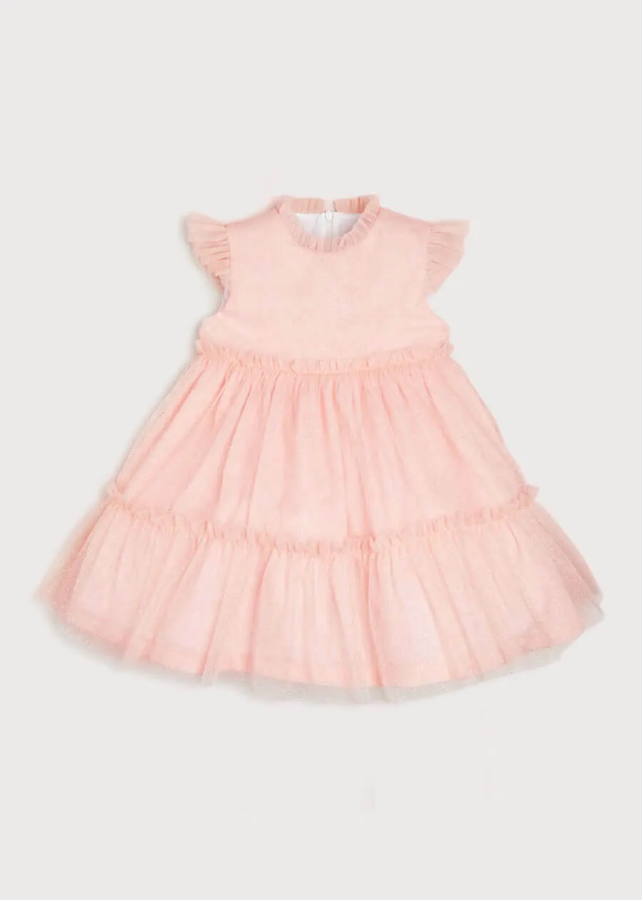 Tiered Tulle Overlay Dress With Ruffle Detail in Pink (2-10yrs)