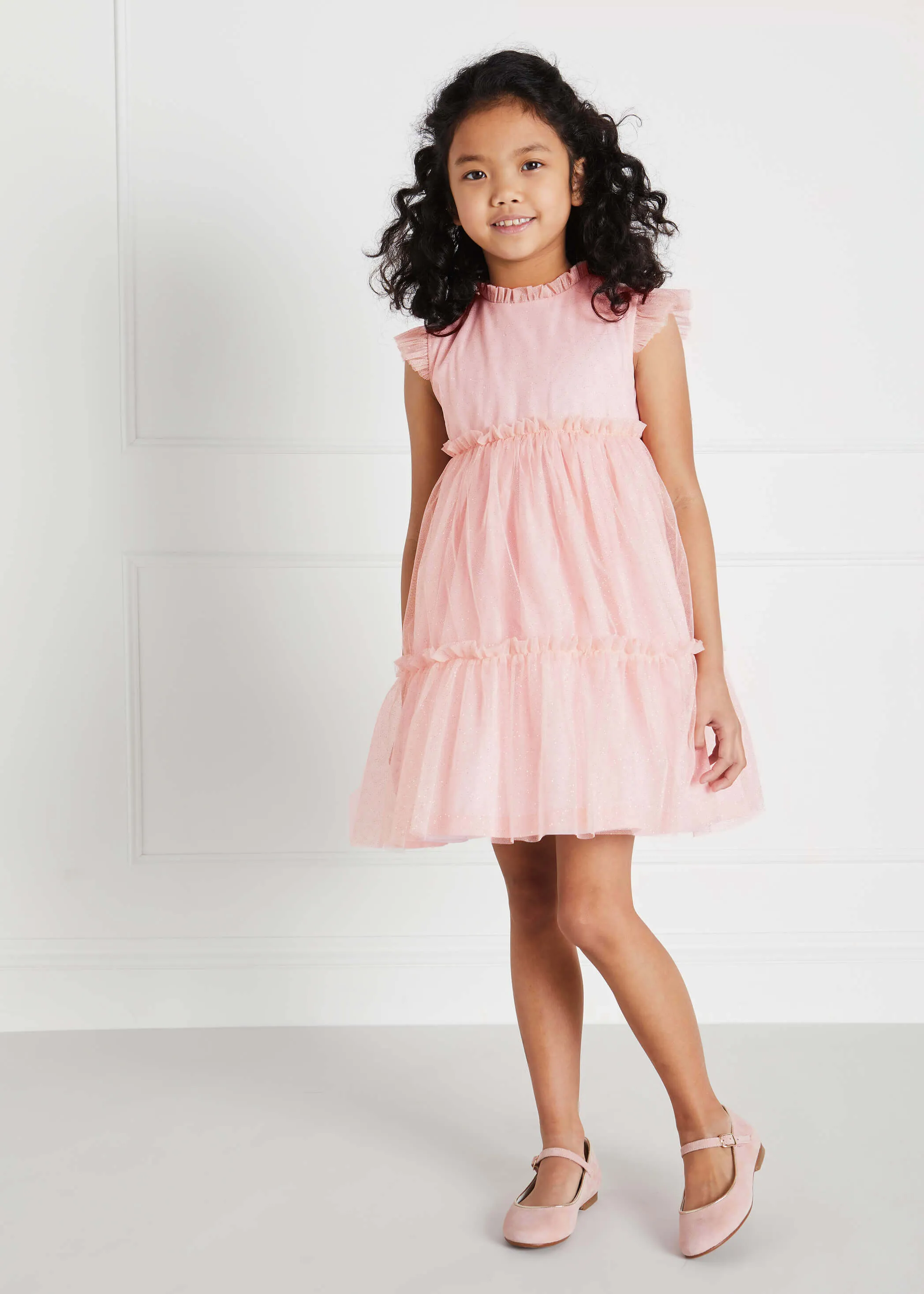 Tiered Tulle Overlay Dress With Ruffle Detail in Pink (2-10yrs)