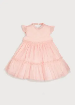 Tiered Tulle Overlay Dress With Ruffle Detail in Pink (2-10yrs)