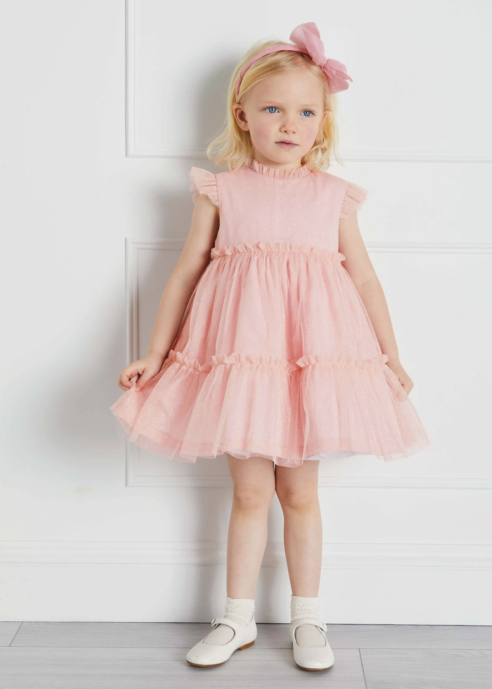 Tiered Tulle Overlay Dress With Ruffle Detail in Pink (2-10yrs)