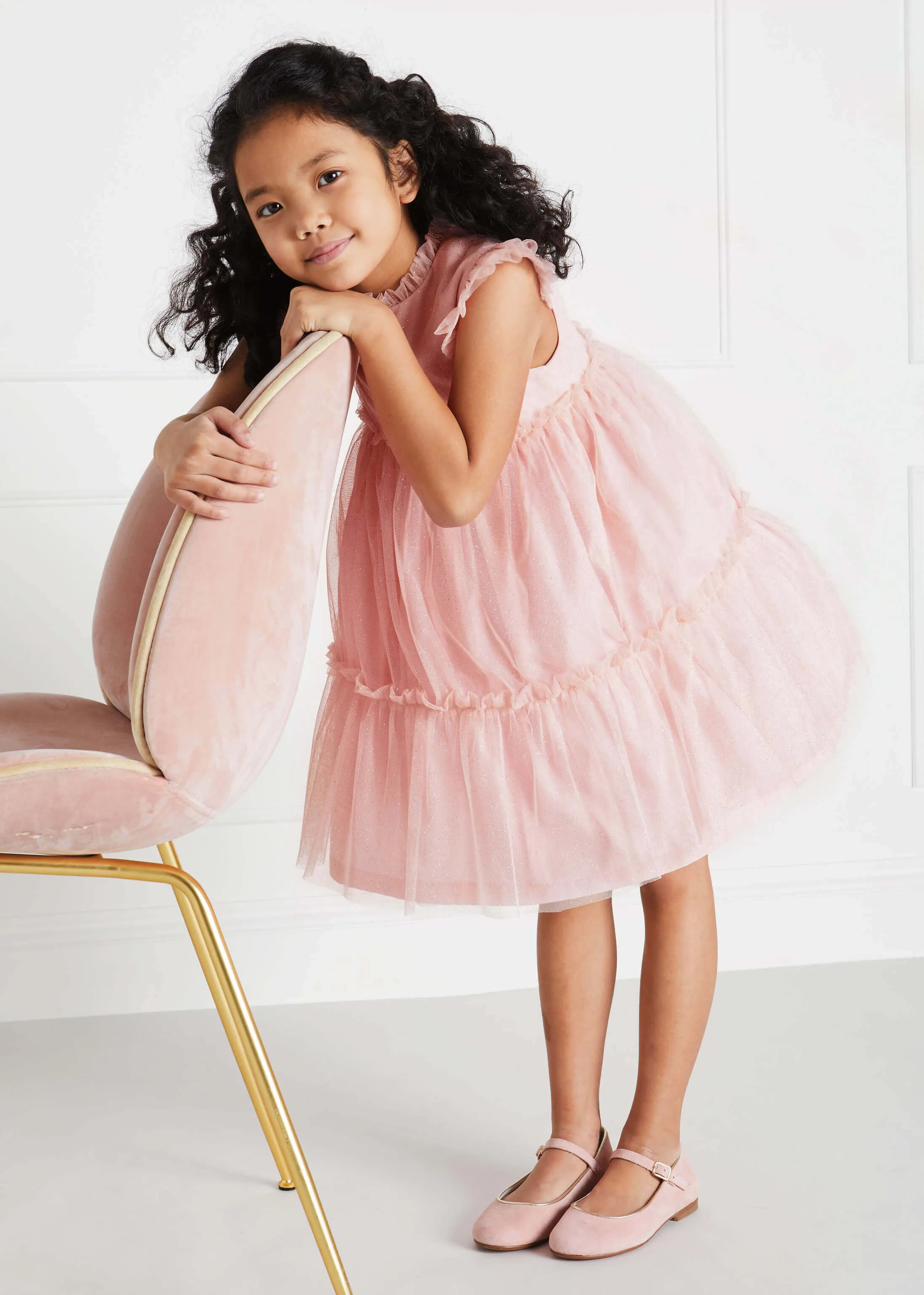 Tiered Tulle Overlay Dress With Ruffle Detail in Pink (2-10yrs)