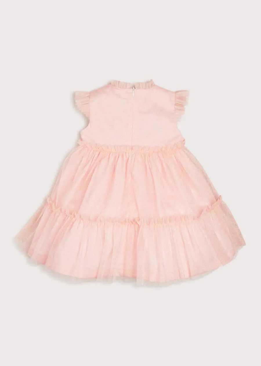 Tiered Tulle Overlay Dress With Ruffle Detail in Pink (2-10yrs)