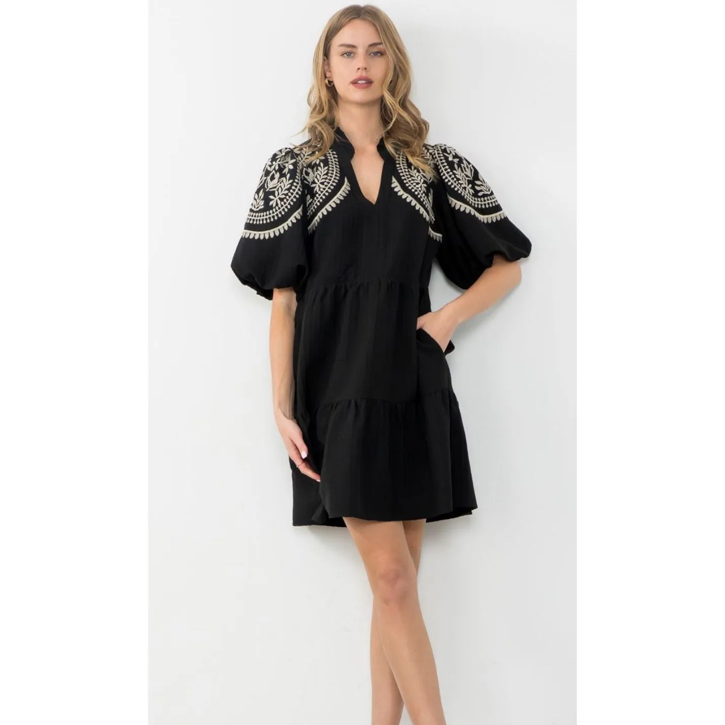 Tracey Black Puff Sleeve Embroidered THML Dress