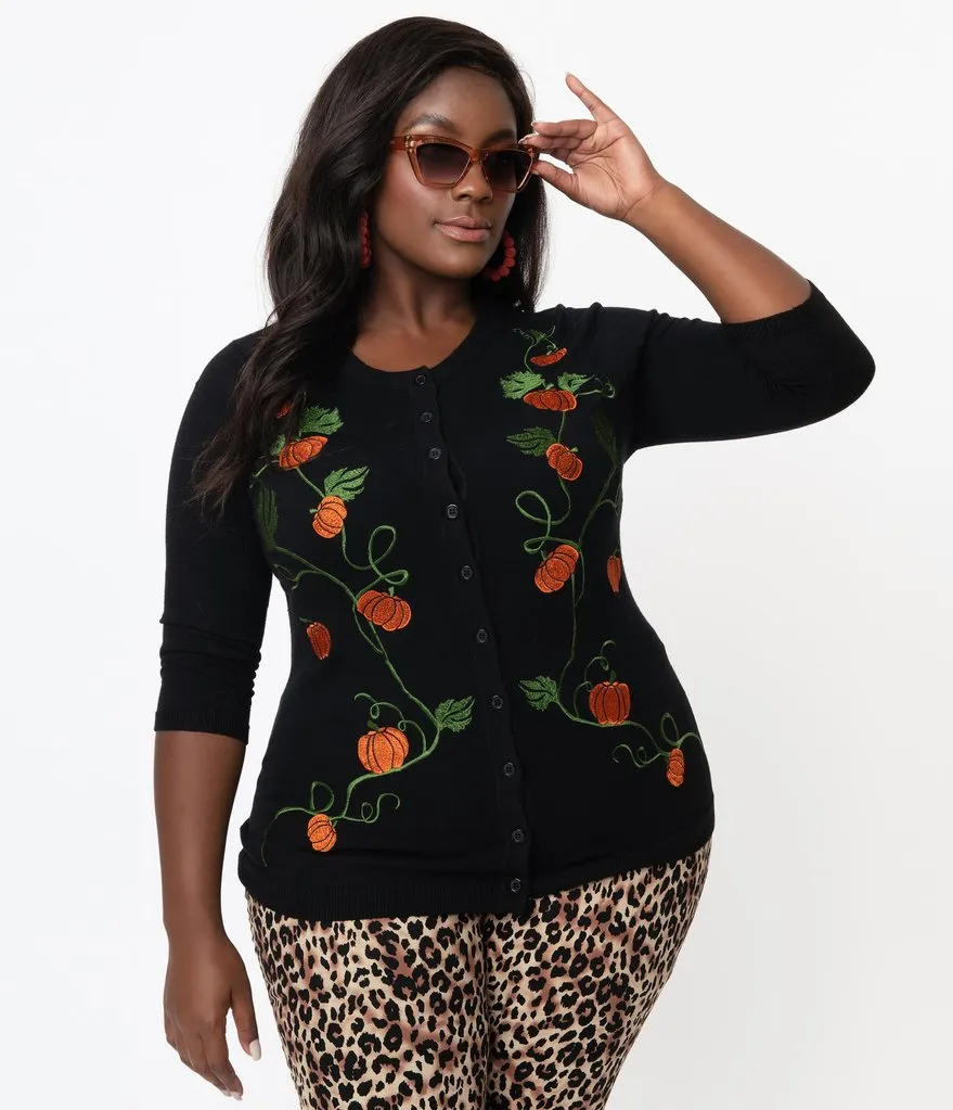 Unique Vintage Black & Pumpkin Embroidered Bookworm Cardigan (L, XL and 3XL ONLY)