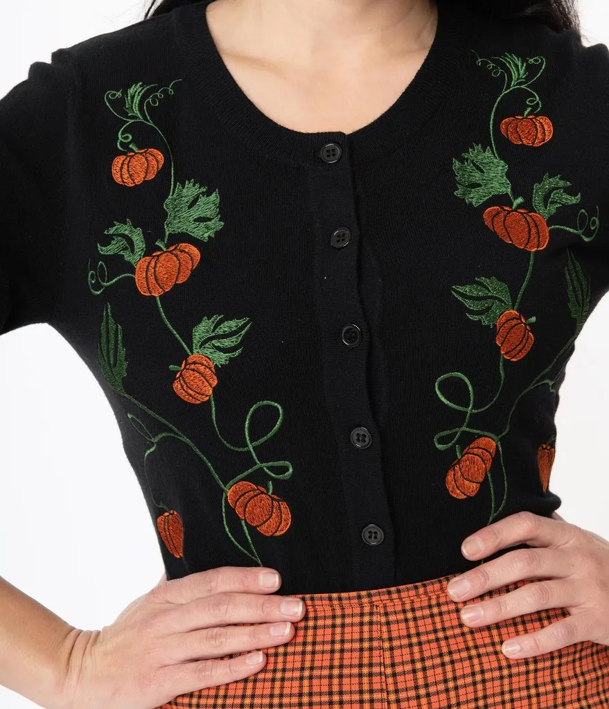 Unique Vintage Black & Pumpkin Embroidered Bookworm Cardigan (L, XL and 3XL ONLY)