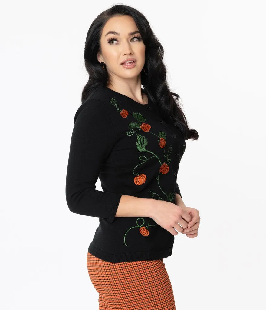 Unique Vintage Black & Pumpkin Embroidered Bookworm Cardigan (L, XL and 3XL ONLY)