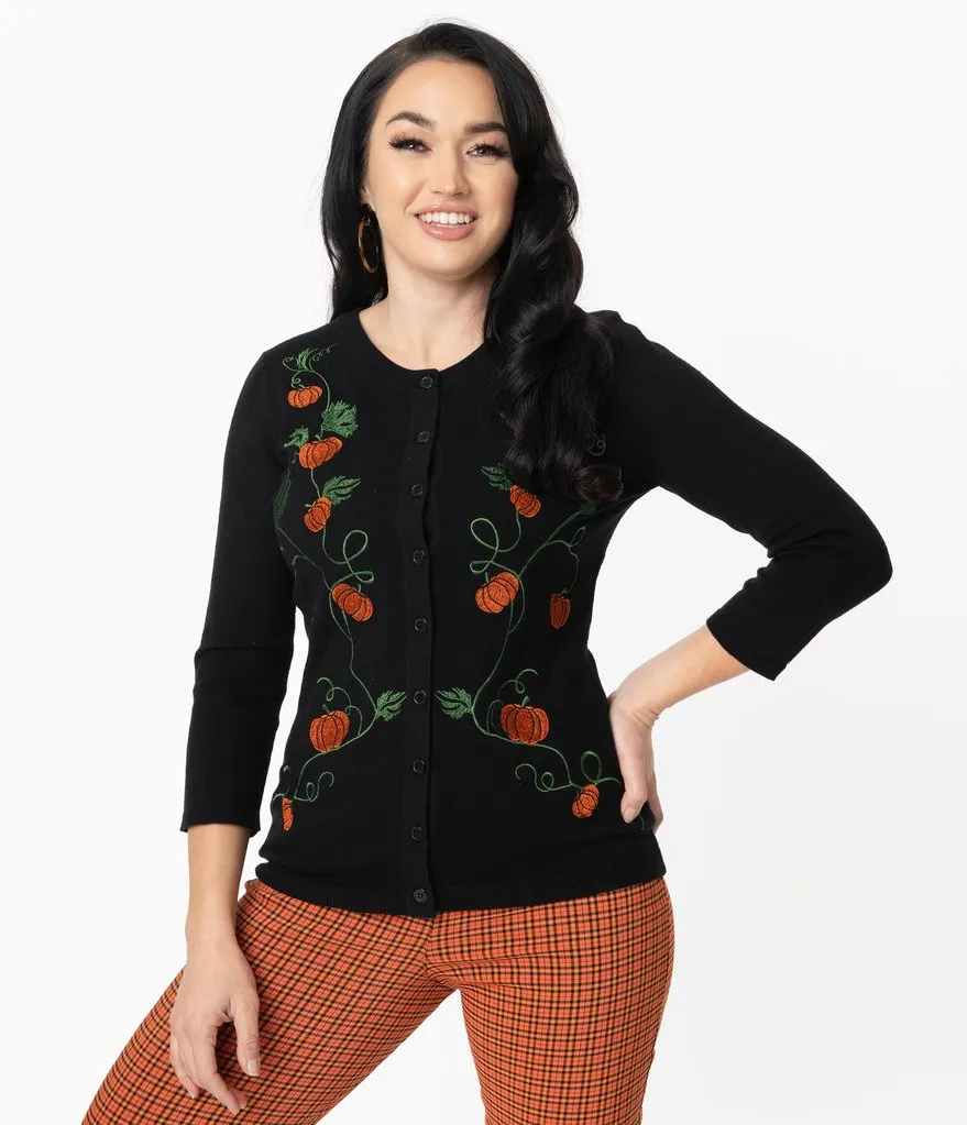 Unique Vintage Black & Pumpkin Embroidered Bookworm Cardigan (L, XL and 3XL ONLY)