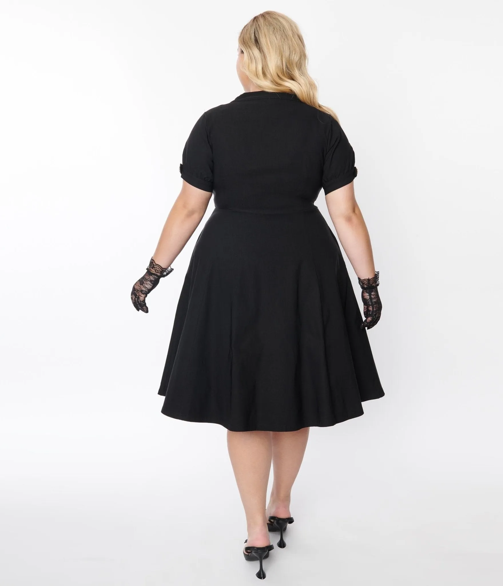 Unique Vintage Plus Size Black Button Swing Dress