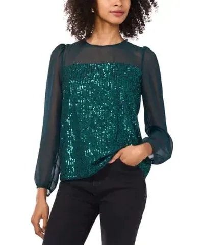 Vince Camuto Women's Long Sleeve Sequin Mixed Media Blouse