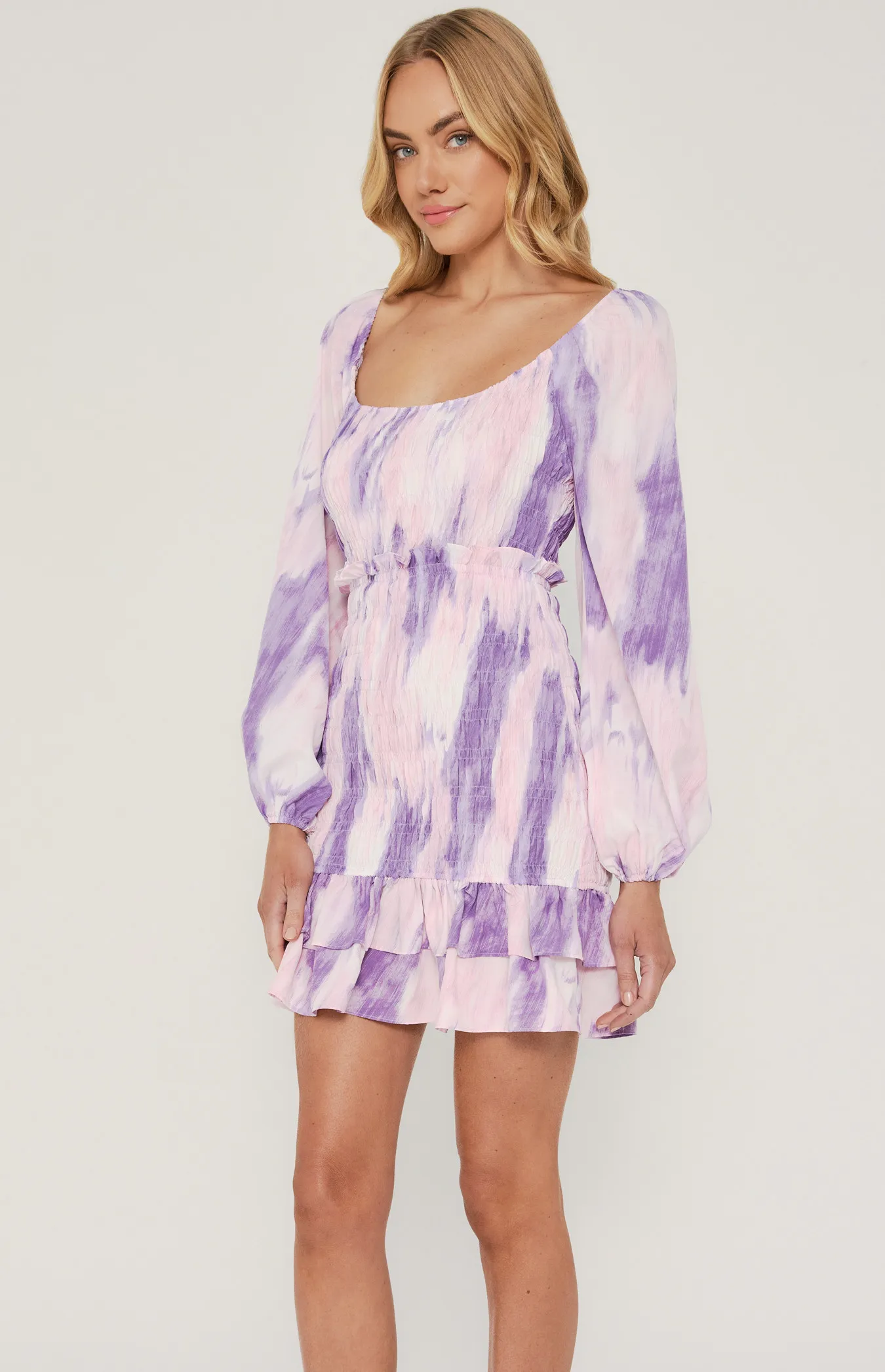 Watercolour Printed Scoop Neck Shirred Dress (WDR600B)