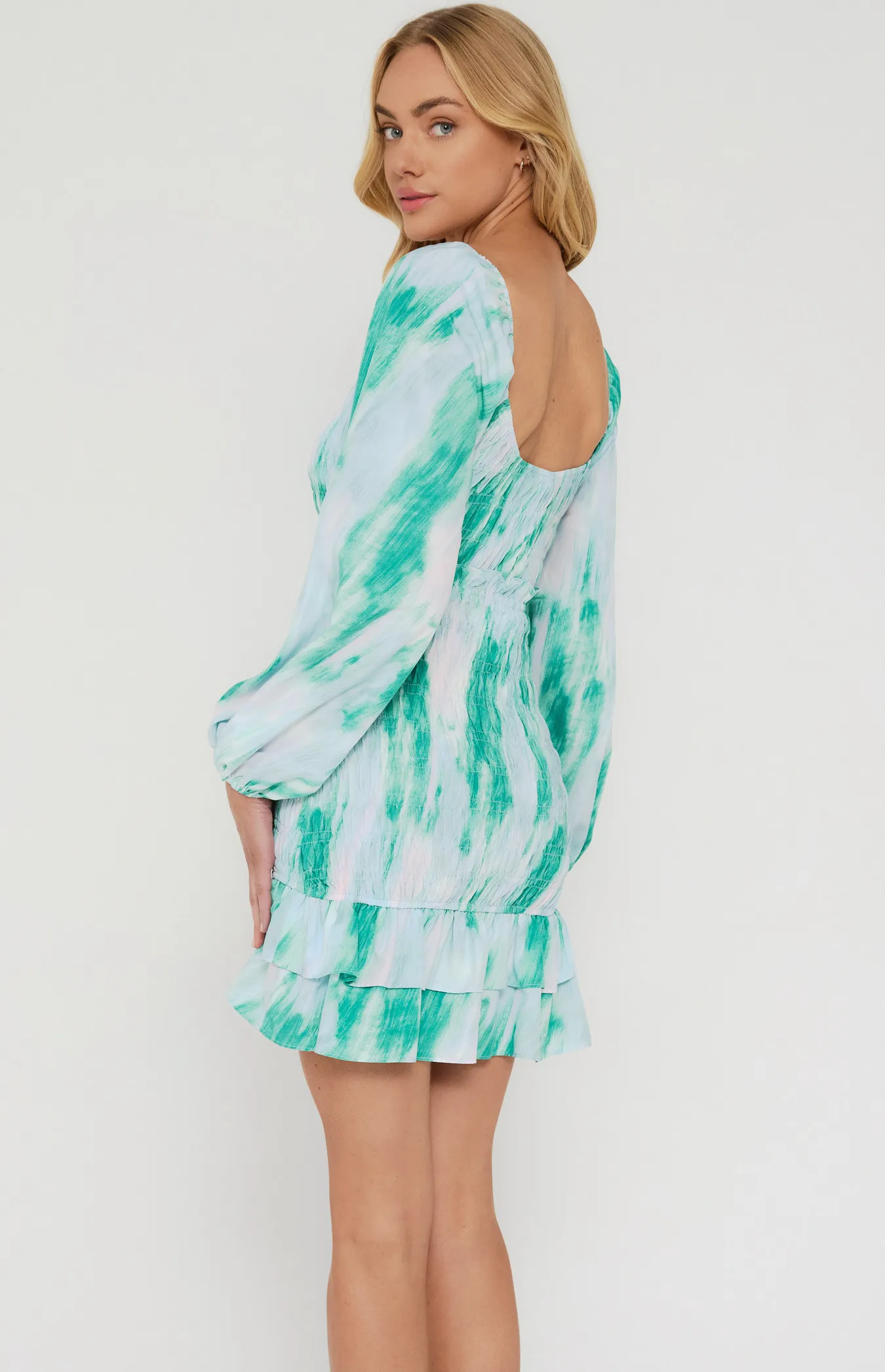 Watercolour Printed Scoop Neck Shirred Dress (WDR600B)