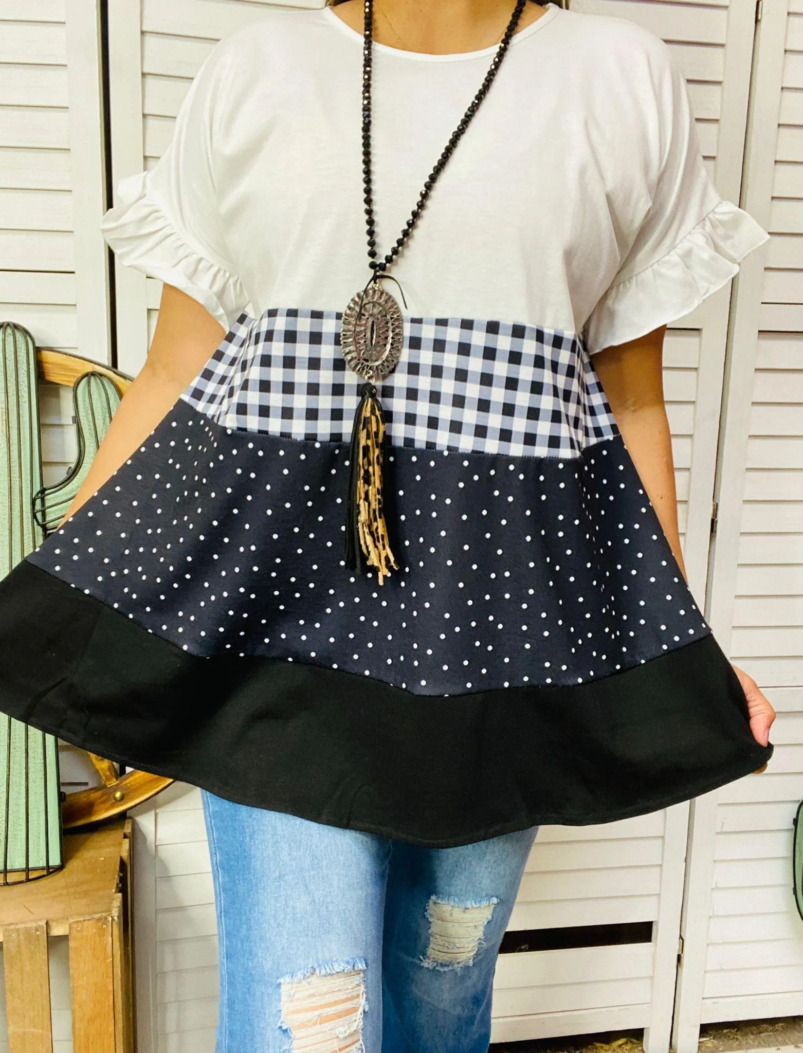 White, Checkered, Polka Dot, Black color block baby doll top