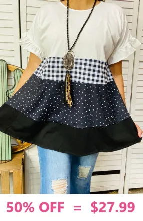 White, Checkered, Polka Dot, Black color block baby doll top