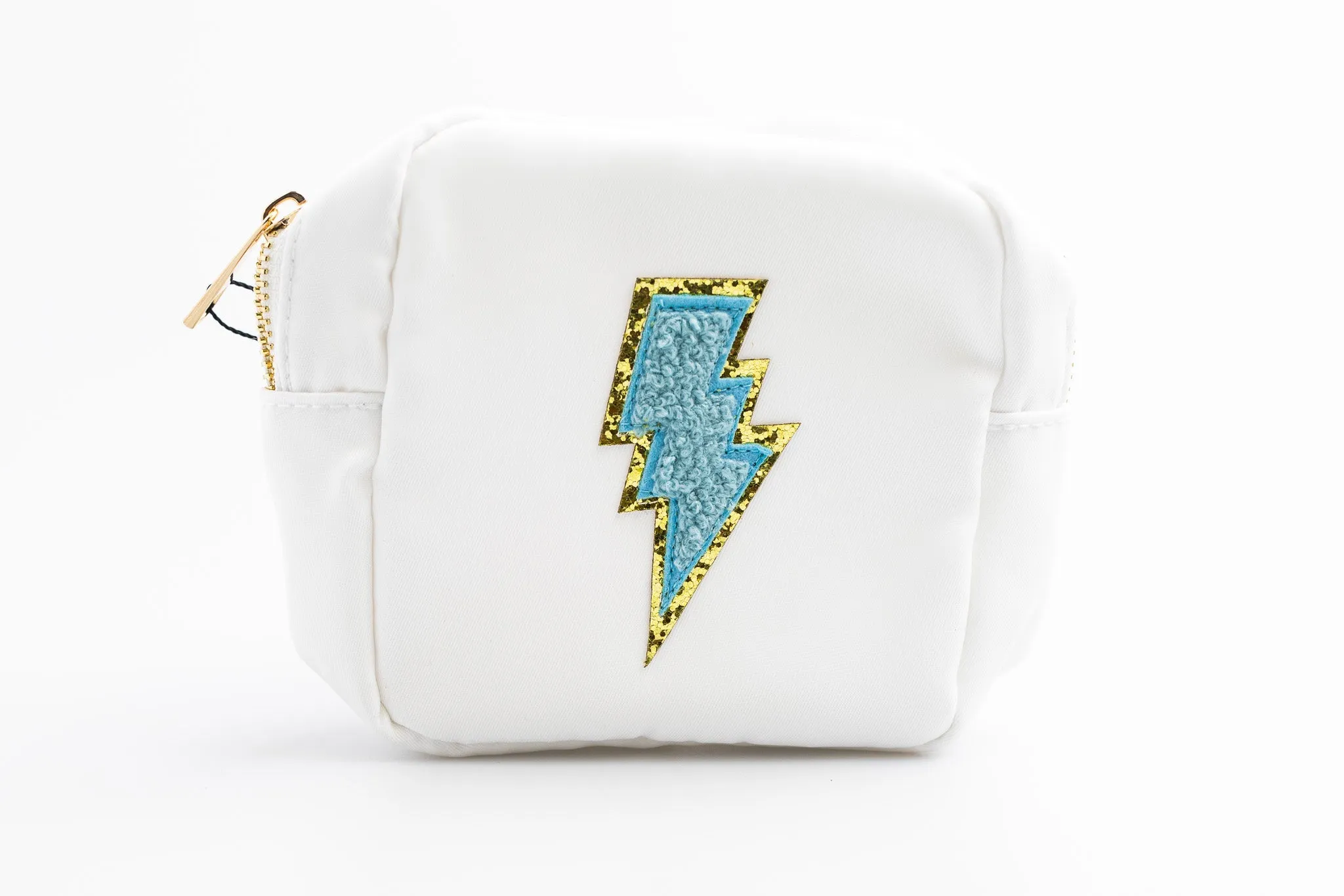 White Small Nylon Pouch with blue lightning bolt patch