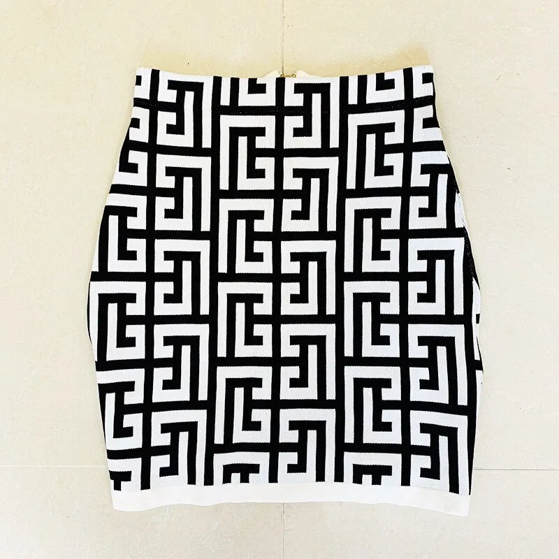 Women's Designer Metal Lion Buttons Geometrical Cardigan Mini Skirt 3pcs Set